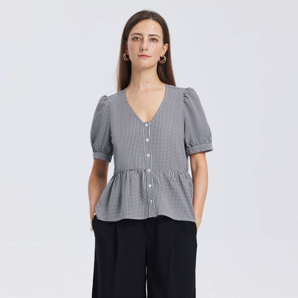 Women's Puff Elbow Sleeve V-Neck Peplum Top - A New Day Black Gingham Check M